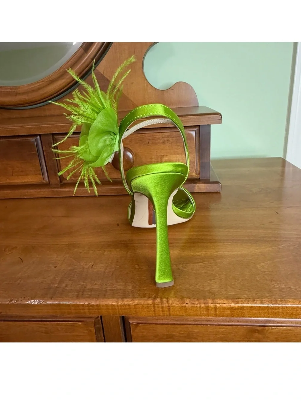 NEW Sam  Edelman Leana Green Satin sandal Feather Dress Heels woman 11